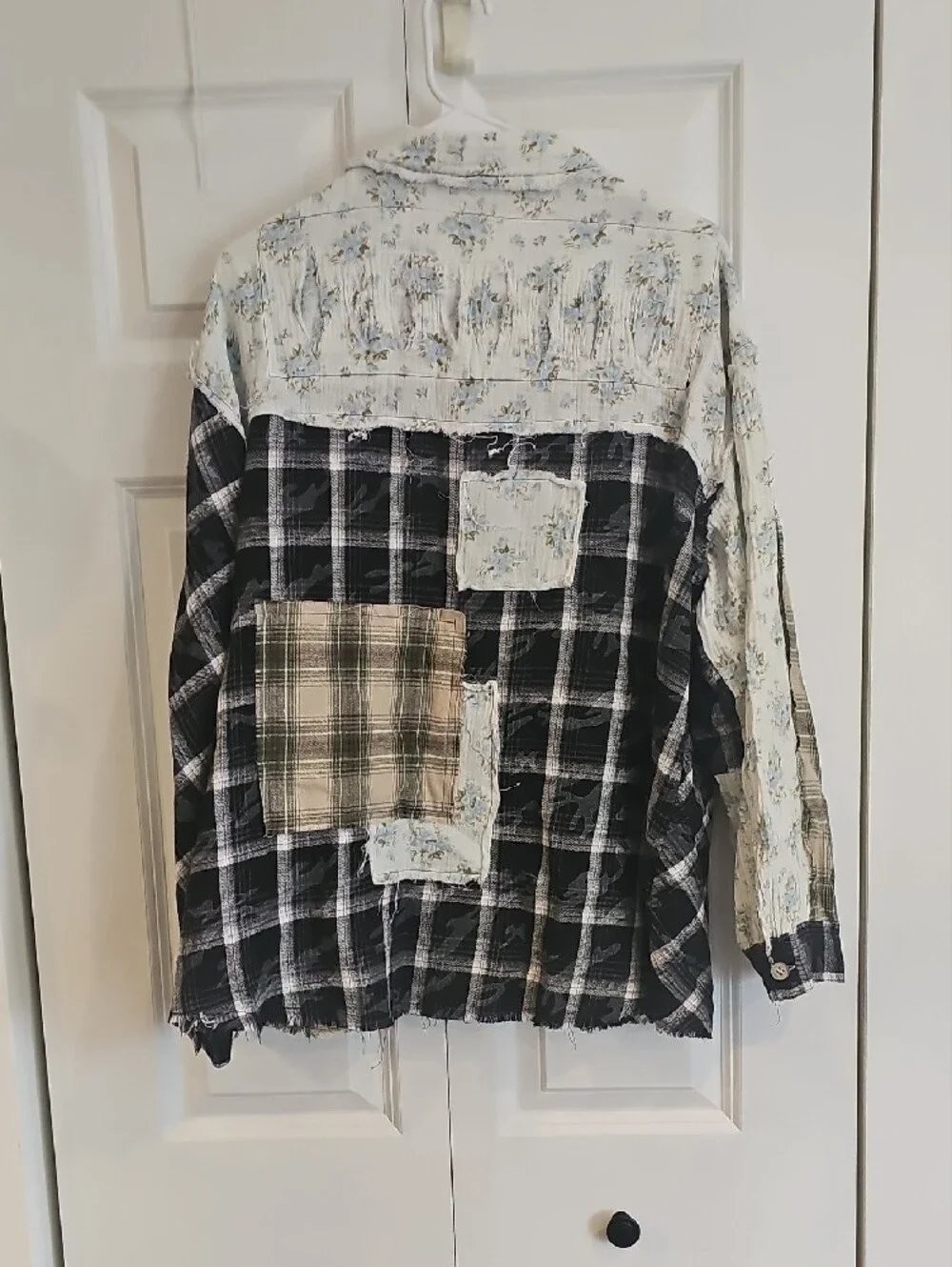 POL Patchwork Plaid Button-Down Shirt in Black, Green, Cream